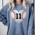 Baseball Number 11 Distressed Heart For Baseball Moms Comfort Colors Sweatshirt Denim