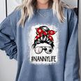 Bleached Nanny Life Soccer Messy Bun Baseball Game Day Comfort Colors Sweatshirt Denim Bleached Nanny Life Soccer Messy Bun Baseball Game Day Comfort Colors Sweatshirt Denim