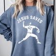 Christian Jesus Saves Baseball Pitcher Heaven 01 Sports Comfort Colors Sweatshirt Denim