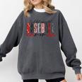 Retro Checkered Tired But Caffeinated Baseball Mom Leopard Comfort Colors Sweatshirt Pepper