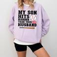 My Son Hits Harder Than Your Husband Baseball Mom Comfort Colors Sweatshirt Crimson