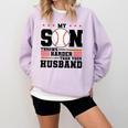 My Son Throws Harder Than Your Husband Baseball Mom Comfort Colors Sweatshirt Crimson