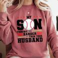 My Son Throws Harder Than Your Husband Baseball Mom Comfort Colors Sweatshirt Orchid