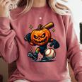 Spooky Halloween Scary Pumpkin Baseball Player Witchy Vibes Comfort Colors Sweatshirt Orchid