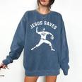 Christian Jesus Saves Baseball Pitcher Heaven 01 Sports Comfort Colors Sweatshirt Blue Jean