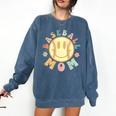 Groovy Retro Floral Happy Smiling Face Baseball Mom Comfort Colors Sweatshirt Blue Jean Groovy Retro Floral Happy Smiling Face Baseball Mom Comfort Colors Sweatshirt Blue Jean