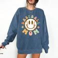 Happy Baseball Mom Groovy Retro Floral Smiling Face Comfort Colors Sweatshirt Blue Jean Happy Baseball Mom Groovy Retro Floral Smiling Face Comfort Colors Sweatshirt Blue Jean
