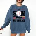 My Son Throws Harder Than Your Husband Baseball Mom Comfort Colors Sweatshirt Blue Jean