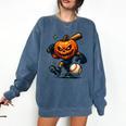 Spooky Halloween Scary Pumpkin Baseball Player Witchy Vibes Comfort Colors Sweatshirt Blue Jean