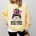 In October We Wear Pink Baseball Mom Messy Bun Breast Cancer Comfort Colors Sweatshirt Blue Spruce