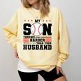 My Son Throws Harder Than Your Husband Baseball Mom Comfort Colors Sweatshirt Blue Spruce