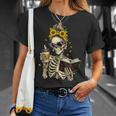 Skeleton Girl Drinking Coffee Bow Sunflower Book Lover T-Shirt Gifts for Her