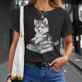 Women's Adorable Watercolor Husky Puppy Dog Reading Books T-Shirt Gifts for Her