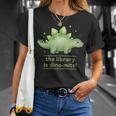 Women's The Library Is Dino-Mite Stegosaurus Reading Kids Book T-Shirt Gifts for Her