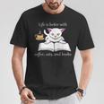 Cute Cat Book Reading Coffee T-Shirt Unique Gifts