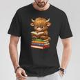 Cute Highland Cow With Glasses Reading Books T-Shirt Unique Gifts