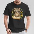 Cute Raccoon Reading Book Flowers Floral T-Shirt Unique Gifts