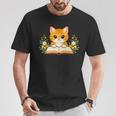 Orange Cat Reading Book Flowers T-Shirt Unique Gifts