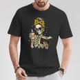 Skeleton Girl Drinking Coffee Bow Sunflower Book Lover T-Shirt Unique Gifts