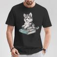 Women's Adorable Watercolor Husky Puppy Dog Reading Books T-Shirt Unique Gifts