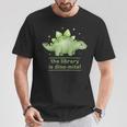 Women's The Library Is Dino-Mite Stegosaurus Reading Kids Book T-Shirt Unique Gifts