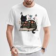 Floral Cat Reading Book Kitten Illustration T-Shirt Unique Gifts
