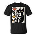 Cat Reading Book Folk Art Cozy Illustration T-Shirt