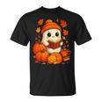 Cute Ghost Reading Book Autumn Pumpkins Cat Coffee Halloween T-Shirt
