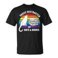 Easily Distracted By Cats And Books – Retro Sunset Rainbow T-Shirt