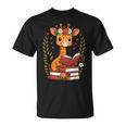 Giraffe Reading Book Graphic Giraffe With Book Floral T-Shirt