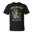 Good Girls Read Bad Books Vintage Skeleton Reader T-Shirt