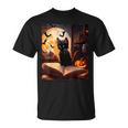 Halloween Cat Reading Books Spooky Cat Reader Teachers T-Shirt