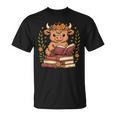 Highland Cow Reading Book Graphic Cow With Book Floral T-Shirt