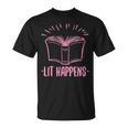Lit Happens Book Reading Literary English Teacher Librarian T-Shirt Lit Happens Book Reading Literary English Teacher Librarian T-Shirt