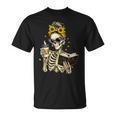 Skeleton Girl Drinking Coffee Bow Sunflower Book Lover T-Shirt