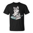 Women's Adorable Watercolor Husky Puppy Dog Reading Books T-Shirt