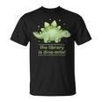 Women's The Library Is Dino-Mite Stegosaurus Reading Kids Book T-Shirt