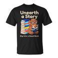 Women's Unearth A Story Reading Mammoth Prehistoric Book Librarian T-Shirt