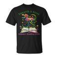 Women's Unearth A Story Summer Reading 2026 Dinosaur Book Floral T-Shirt