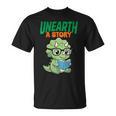 Women's Unearth a Story Summer Reading 2026 Triceratops Dino Book T-Shirt
