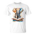 Elephant Reading Book Animal Art Print Graphic T-Shirt