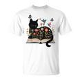 Floral Cat Reading Book Kitten Illustration T-Shirt