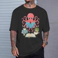 Bookish Octopus Reading Books And Coffee Literary Lover Art T-Shirt Gifts for Him