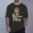Skeleton Girl Drinking Coffee Bow Sunflower Book Lover T-Shirt Gifts for Him