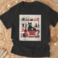 Cats Music Books Lover Essentials Red Retro Silkscreen T-Shirt Gifts for Old Men