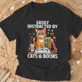 Easily Distracted By Cats And Books Book Lover Cat T-Shirt Gifts for Old Men