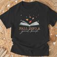FALL INTO A GOOD BOOK Reader Autumn Reading Meme ON BACK T-Shirt Gifts for Old Men