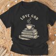 Love God Drink Coffee Read Books Graphic Book Reader T-Shirt Gifts for Old Men