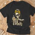 Skeleton Girl Drinking Coffee Bow Sunflower Book Lover T-Shirt Gifts for Old Men