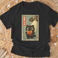 Vintage Japanese Cat Book Lovers UFO Alien Abduction Cat Dad T-Shirt Gifts for Old Men